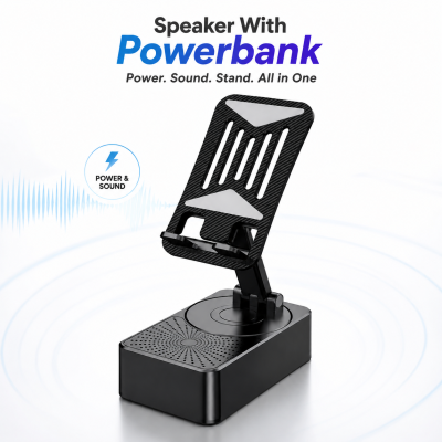 3-in-1 Foldable Mobile Phone Holder with Bluetooth Speaker – Adjustable Desktop Phone Stand, TWS 5.3 Audio, Power Bank & Portable Stand